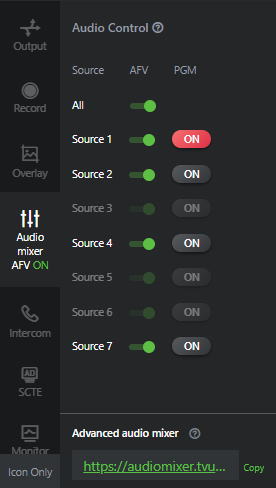 Audio Control menu, AFV on