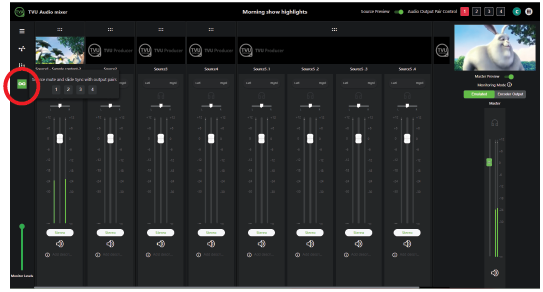 The Source mute and slide sync with output pairs icon