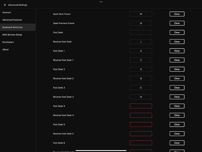 TVU Replay - Advanced Settings menu - Keyboard Shortcuts