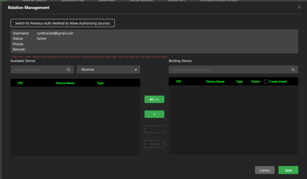 Relation management window