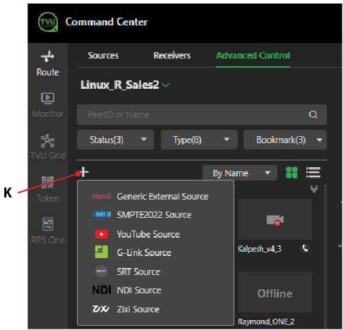 External source drop-down menu