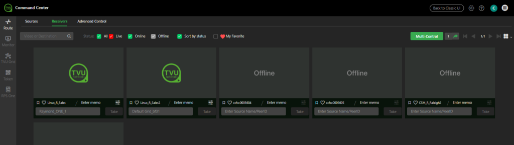 Receivers page - Controls and functions