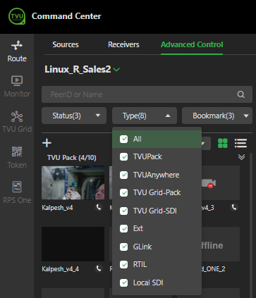 Source panel - Type menu