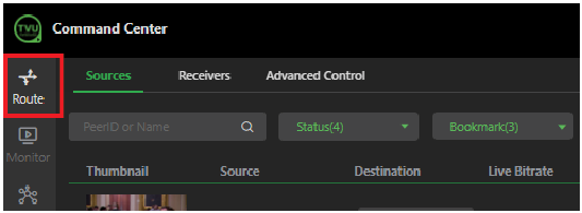 TVU Command Center User interface - Route tab