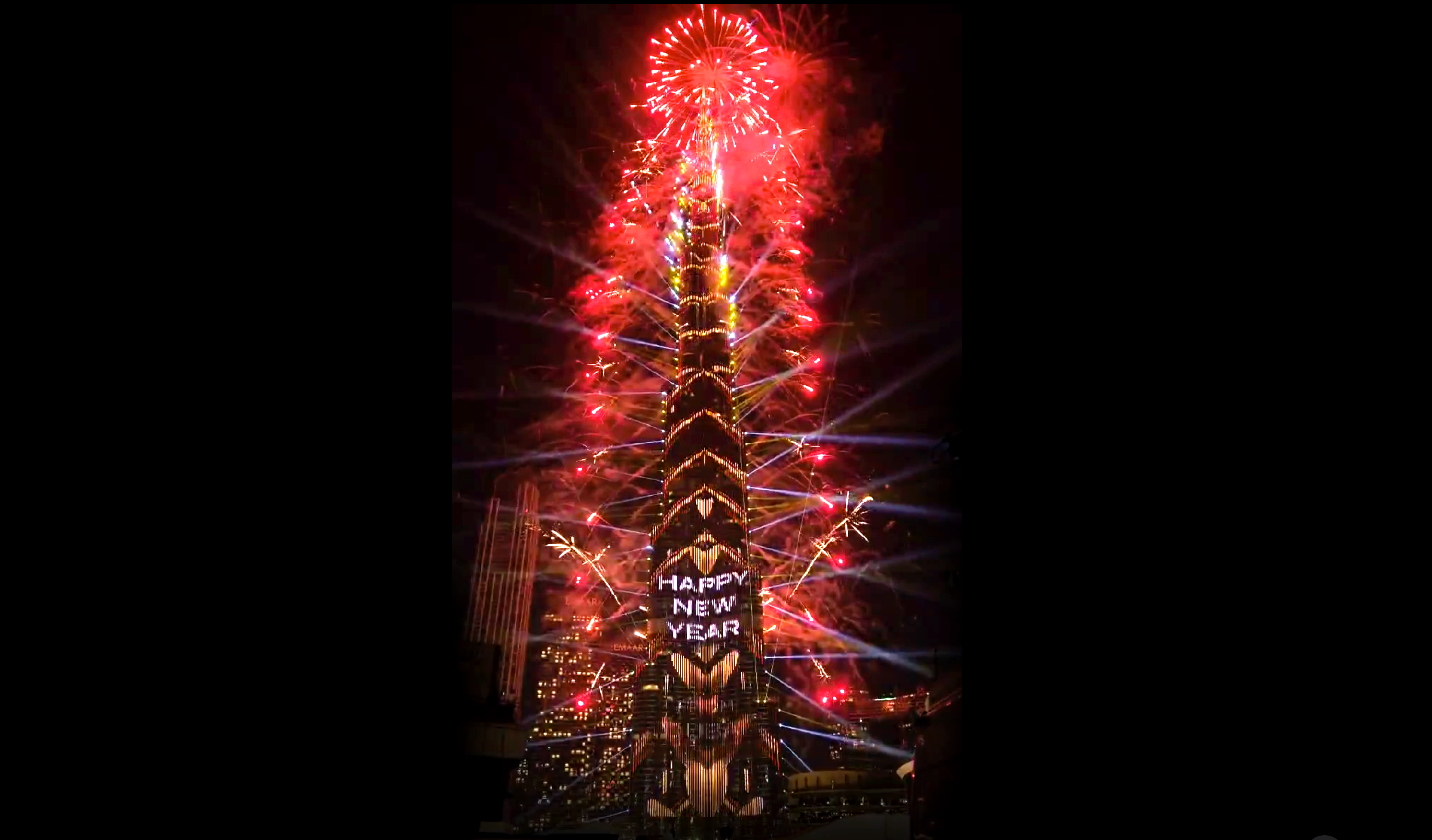 Burj Khalifa fireworks during New Year’s Eve 2025, showcasing Emaar’s spectacular display broadcasted live using innovative technology.