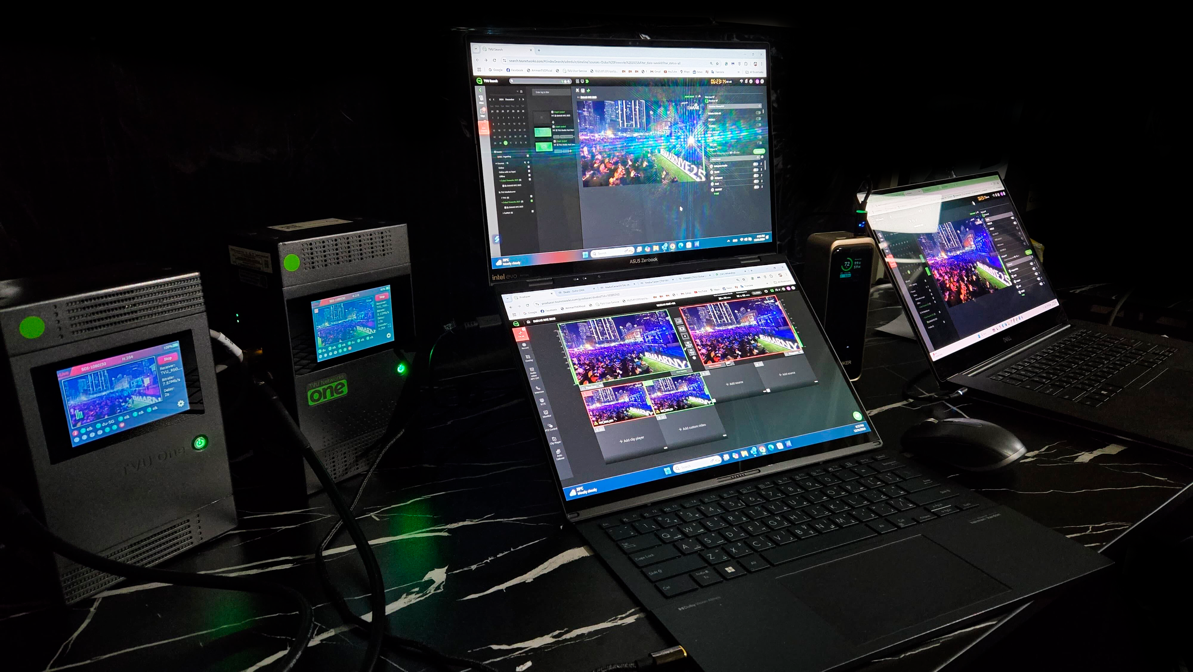 TVU Networks’ live broadcast setup showcasing the advanced technology used to distribute Emaar’s New Year’s Eve celebration at Burj Khalifa globally.